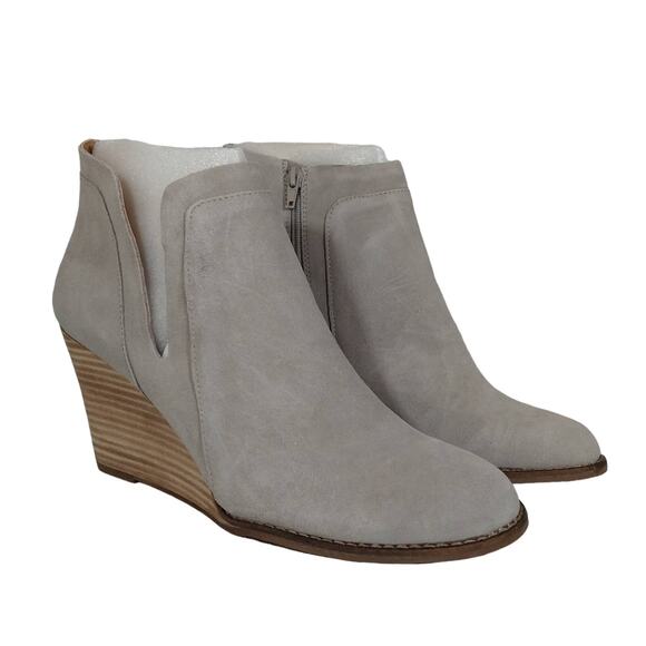 R Lucky Brand Yabba Gray Oiled Suede Stack Wedge Ankle Booties Boots 12 New NIB - Picture 1 of 7